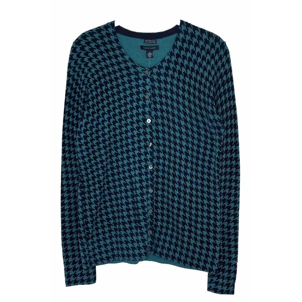 Tommy Hilfiger Womens 100% Pima Cotton Teal Houndstooth Button Cardigan Sz M NWT